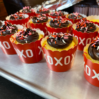 Valentine's Day cupcakes on a baking sheet