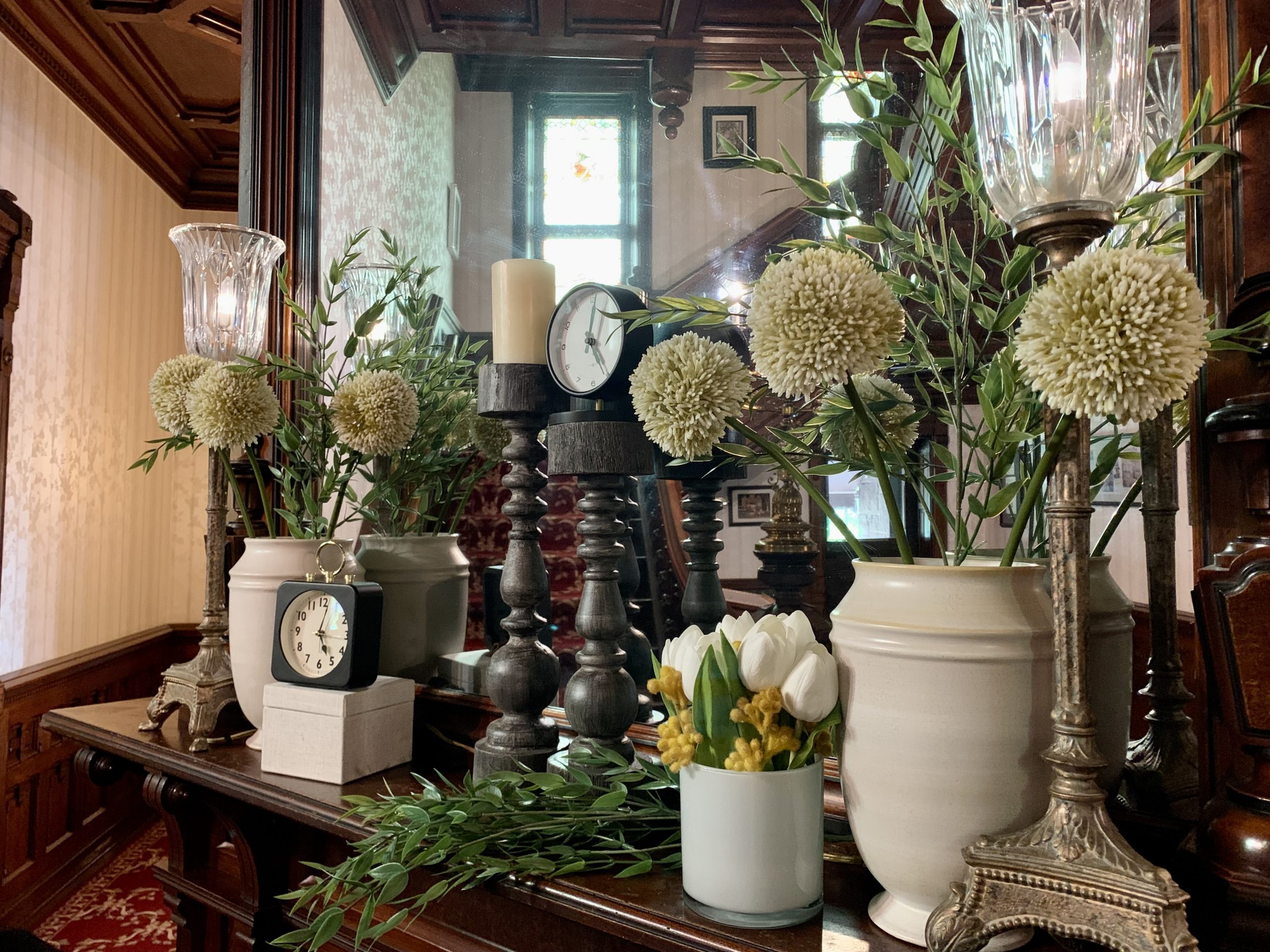 Reynolds Mansion Main Hall Mantle with Various Spring Decor